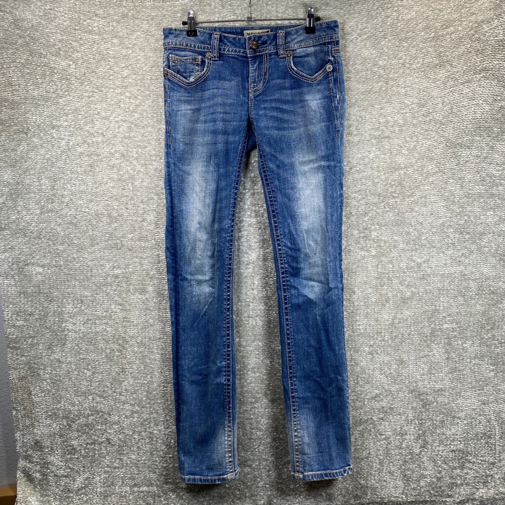 MEK Denim Womens Straight Leg Jeans Blue Distressed Low Rise 25x34 Y2K Boho